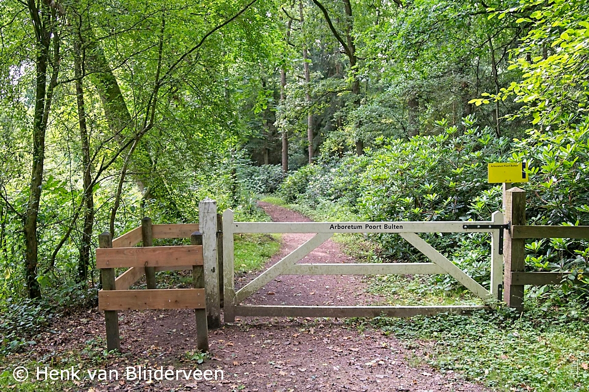 Wit hek met toegang tot wandelpad in Arboretum Poort Bulten , De Lutte